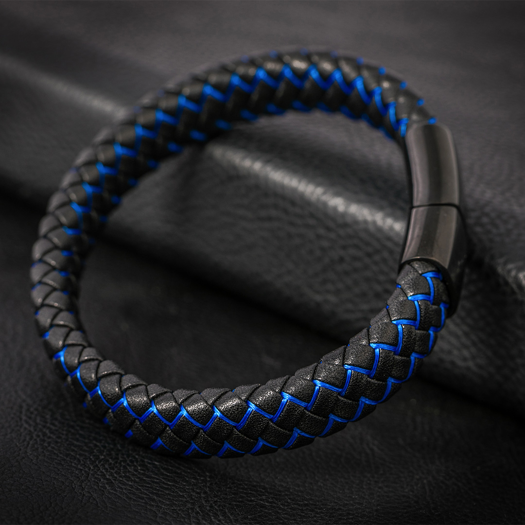 Mens PU Leather Bracelet in Black Flash of Blue Stitching Black ...